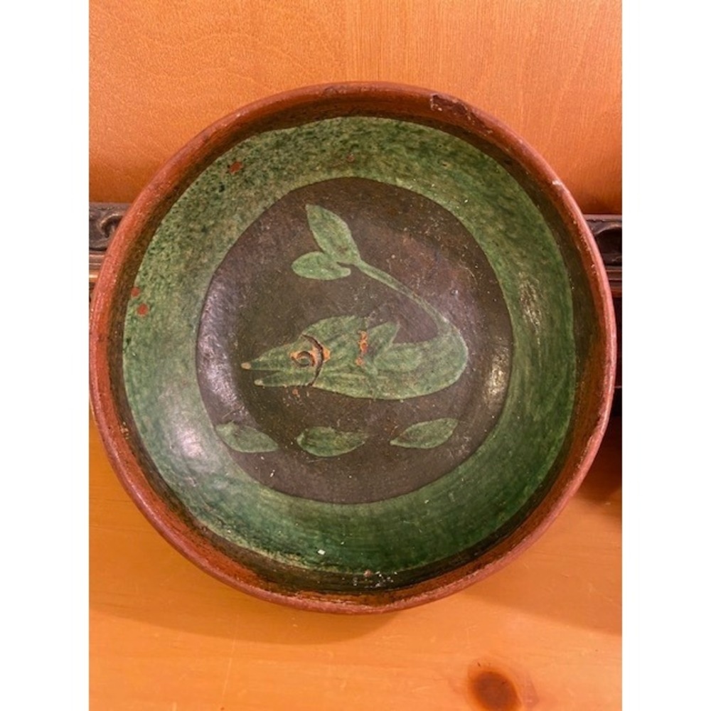 Patamban Michoacan Mexican Redware Folk Art Bowls Green Glazed Fish Set of 2 Vtg